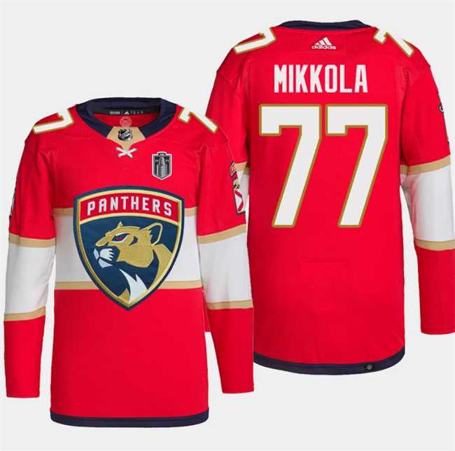 Men%27s Florida Panthers #77 Niko Mikkola Red 2024 Stanley Cup Final Patch Stitched Jersey Dzhi